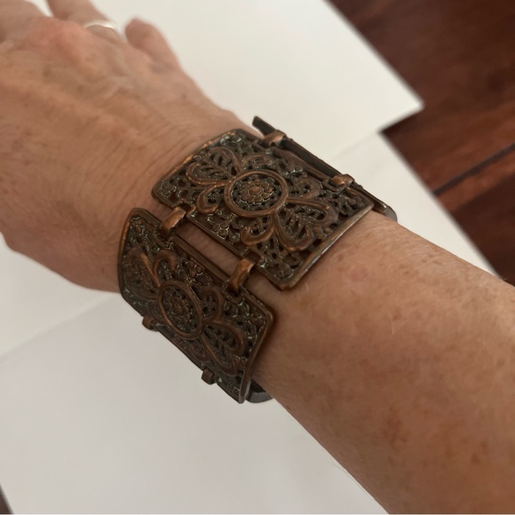 Vintage retro plated copper super wide bracelet, cuff ornate cut outs - Picture 3 of 5